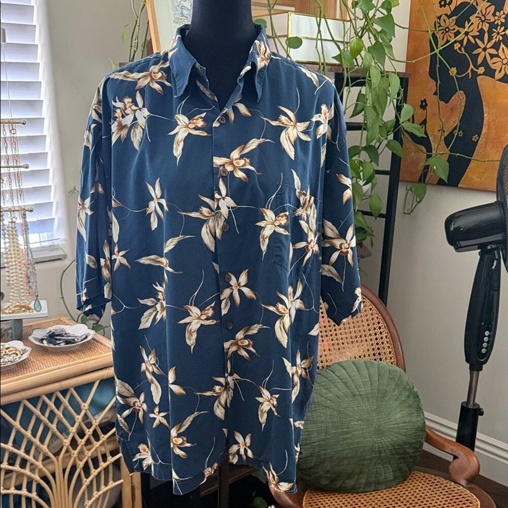 Men’s Pau Hana Navy Blue Hawaiian Tropical Floral Short Sleeve Button Up Shirt